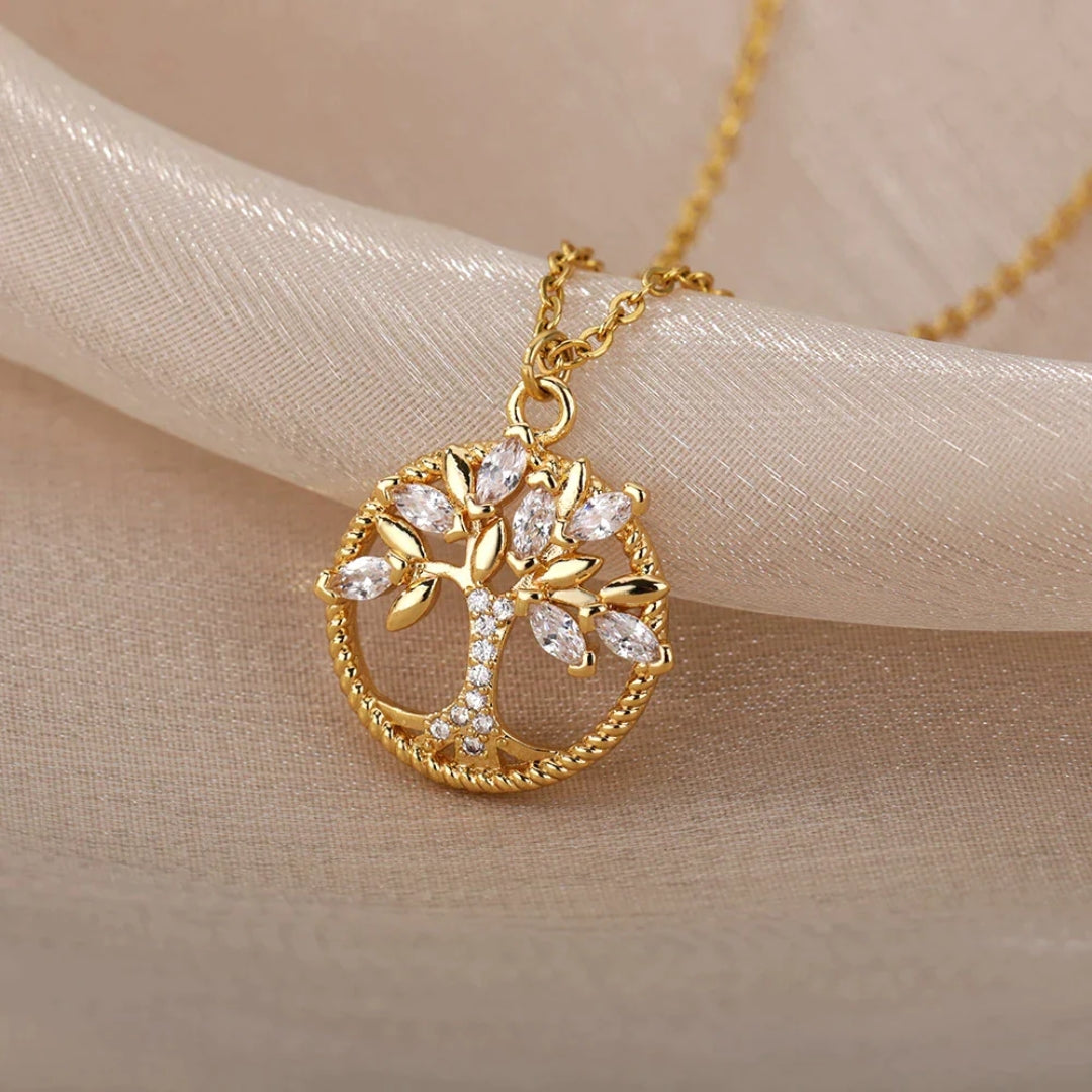 Nayara - Collana con Ciondolo Albero della Vita Dorato e Cristalli
